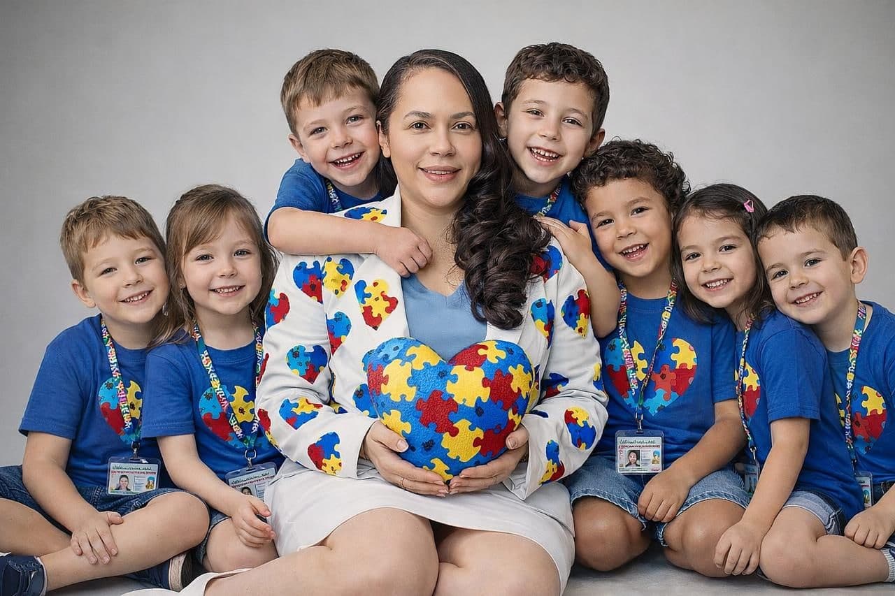 Dra. Sueli Pereira Dias sentada ao lado de nove crianças sorrindo, todas com camisetas azuis estampadas com o coração de quebra-cabeça, símbolo da conscientização do autismo.